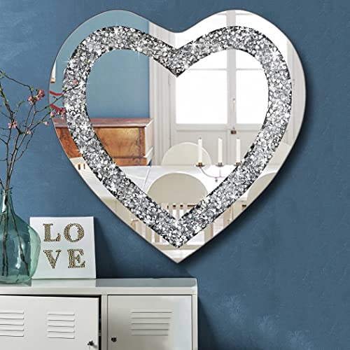DMDFIRST Crystal Crush Diamond Heart Shaped Silver Mirror for Wall Decoration Wall Hang Frameless Mirror Acrylic Diamond Décor, 24x24 inch - size: 24"L x 24"W