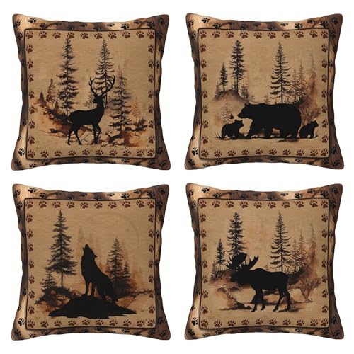 Deer Wolf Throw Pillow Covers 18 X 18 Inch Set of 4 Decorative Cushion Cover Home Decor for Sofa Chair Couch Bedroom Living Room - color: Deer Wolf