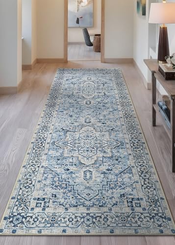 Bloom Rugs Caria Washable Non-Slip 7 ft Runner - Blue Traditional Runner for Entryway, Hallway, Bathroom, and Kitchen - Exact Size: 2'6" x 7' - color: Blue, size: 2'6" x 7' (Runner)