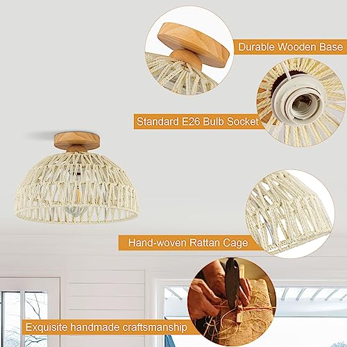 Boho Ceiling Light Fixture Rattan Flush Mount Ceiling Light Bedroom Chandelier Hand-Woven Lamp Shade Wooden Base Small Chandelier Boho Ceilings Lamp for Hallway Nursery Kitchen - color: Cream white-Ceiling light