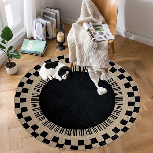 Easy Jute Checkered Rug, 4Ft Round Modern Indoor Outdoor Farmhouse Carpet, Washable Non-Slip Thin Neutral Floor Mat for Living Room Patio Kids Pets Room Playroom Home Office Kitchen, Black - color: Black Checker, size: 4'
