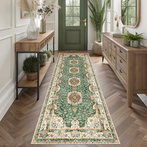 Washable Runner Rug 2'x8',Green Rug Runners Non Slip,Long Boho Rugs for Hallways Kitchen Bathroom Bedroom Entryway,Vintage Bohemian Distressed Floor Carpet,Retro Sage Floral - color: Green, size: 2'x8'