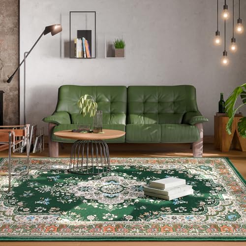 HOMORE 4x6 Washable Rug Green Rugs for Bedroom, Non Slip Rug for Living Room, Faux Wool Throw Carpet for Kitchen, Vintage Rugs for Entryway for Dinning Room Office - color: Deep Green, size: 4' x 6' (Rectangular)