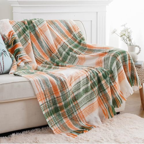 Battilo Green Plaid Throw Blanket for Couch, Fall Mohair Tartan Plaid Blanket, Farmhouse Style Orange Throw Blankets for Home Decor(50"x60") - color: Green Orange Plaid