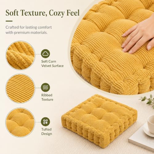ChezMax Floor Pillow & Cushion, Large Meditation Chair Cushions, Thick Square Seat Pad, Soft Velvet Tufted Seating Pouf for Indoor/Outdoor Yoga Bench Rocking Chair Room Tatami Sofa, Yellow 20" x 20" - color: Dark Yellow L