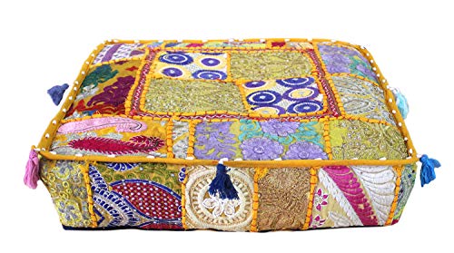 CRAFT KALA Indian Square Patchwork Traditional Pouf Cover Indian Living Room Poufs Decorative Embroidered Designer Ottoman Home Living Footstool Chair Cover Decor Pillow Cover 18x18x5 inches, Yellow - color: Yellow, size: 18"D x 18"W x 5"H