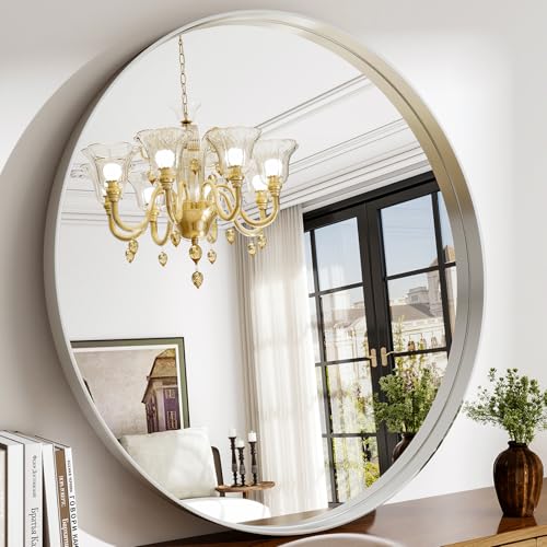 36 Inch Round Bathroom Mirror - Wall Mounted Circle Mirror with Metal Frame, Modern Mirror Suitable for Bathroom, Vanity, Entryway, Living Room, Wall Decor,Silver - color: Silver, size: 36"L x 36"W
