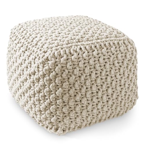Casafield Square Pouf Ottoman, Natural - 18.5" W x 18.5" D x 14.5" H Cotton Knit Foot Stool - Boho Floor Pouffe for Living Room, Bedroom, Home Office - color: Natural, size: 18.5"D x 18.5"W x 14.5"H