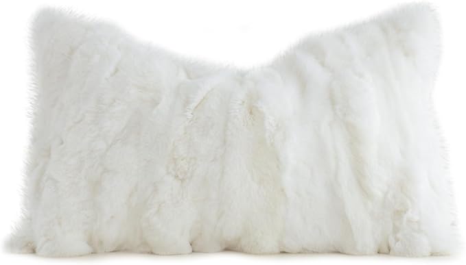 MOOX Rabbit Fur Throw Pillow Covers Decorative Fluffy Soft Fuzzy Plush Luxury Genuine Animal Skin Lumbar Pillow 12"x20" Cushion Cover, Sofa, White
