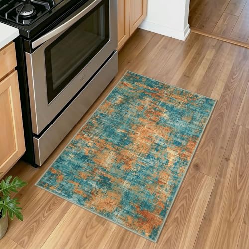 Lansny Abstract Small Area Rug 2x3 Entryway Rugs Washable Indoor Door Mat Entrance, Colorful Non Slip Kitchen Rugs, Throw Rug Printed Faux Wool Floor Carpet for Front Door Foyer Entry Sink - color: Vintage Teal / Orange / Rust, size: 2' x 3' (Rectangular)