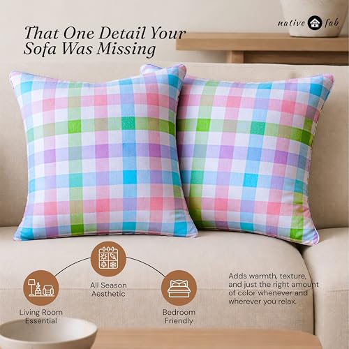 Native Fab Checkered Pillow Covers 2 Pack, 16x16 Inches, 100% Cotton, Buffalo Plaid, Rustic Cushion Cases, Great for Farmhouse Easter, Spring Home Decor, Living Room, Sofa, Counch, Easter Checks - color: Gingham Pastel, size: 16" x 16" (Pack of 2)
