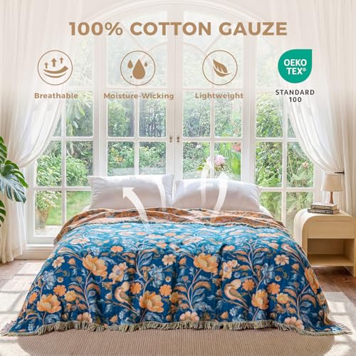 LUTBM Boho Throw Blanket for Couch Sofa Chair Cotton Summer Blankets for Bedroom Living Room All Season Soft Lightweight Reversible Floral Bird Embroidery Decorative Throws 50"x60" - color: Bird-floral-navy, size: 50"×60"