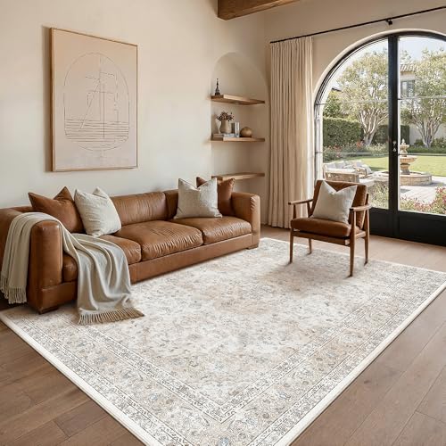 5x7 Washable Vintage Area Rug for Living Room Bedroom Beige Grey Soft Tranditional Non Slip Large Throw Rug Lightweight Floral Low Pile Distressed Carpet Laundry Dining Room Kitchen Office - color: Vintage | Beige Multi, size: 5'x7'