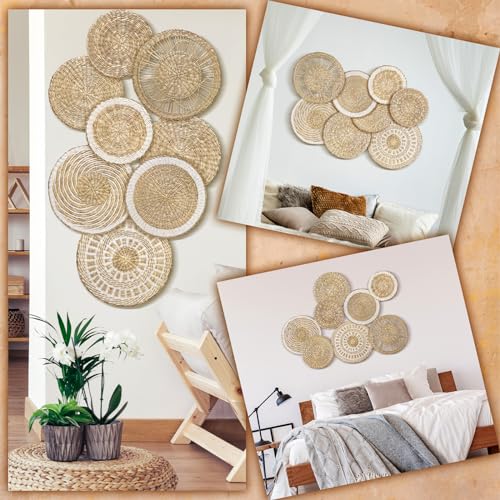 Xuhal 8 Pcs Boho Wall Basket Decor Decorative Bulrush Woven Basket Wall Decor Rustic Farmhouse Hanging Baskets for Kitchen Rustic Home Summer Decorations - style: Novel