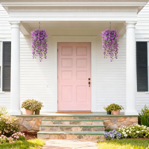 INQCMY Artificial Hanging Flower Baskets for Spring Outdoor Decoration Fake Plants UV Resistant Faux Silk Daisy with Eucalyptus Leaves Realistic Look for Home Porch Patio Yard - color: Purple