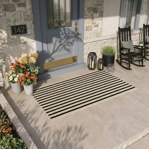 LEEVAN Black and White Outdoor Rug 2x4.3, Outside Entrance Door Mat, Washable Welcome Layering Rugs Farmhouse Front Porch Mats Outside Striped Layered Front Doormat for Porch/Entryway - color: Black and Tan, size: 2' x 4'3" (Rectangular)