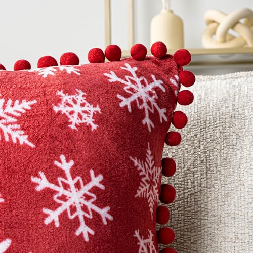 PAVILIA Snowflake Red Throw Pillow Covers with Pom Pom 20x20 Set of 2, Christmas Decorative Pillow Cases for Bedroom, Holiday Small Pillows Set for Bed, Velvet Winter Plush Cushion Covers Sofa Couch - color: Snowflake Red, size: 20" x 20" (Pack of 2)