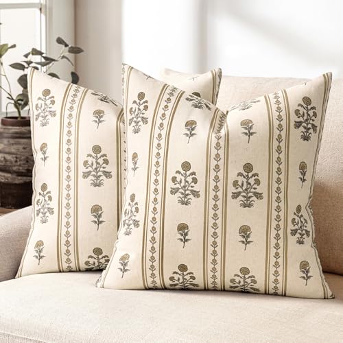 Decorative Vintage Striped Floral Throw Pillow Covers 20x20 Inch Set of 2 Walnut Farmhouse Boho Botanical Print Cushion Covers for Sofa Couch Chair Bedroom Living Room Summer Home Decor - color: Walnut, size: 20" x 20" (Pack of 2)