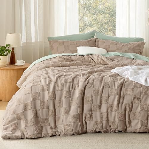 Bedsure Twin/Twin XL Size Comforter Set Khaki, Boho Tufted Bed Set, Checkered Farmhouse-Style Distressed Vintage Bedding, 2 Pieces, 1 Plaid Geometric Comforter and 1 Pillow Sham - color: 01 - Khaki - Tufted Checkboard, size: Twin/Twin XL