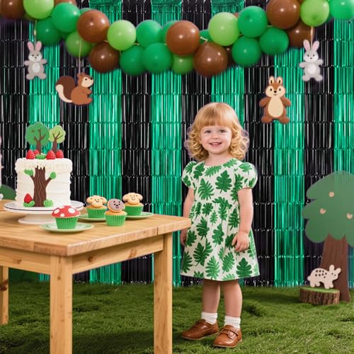 TONIFUL Black and Green Fringe Backdrop Curtain 2026 Graduation Parties 2Pcs 3.3x6.6 ft Metallic Tinsel Foil Fringe Photo Booth Backdrop Door Streamers for Birthday Soccer Themed Party Decorations - color: Black Green