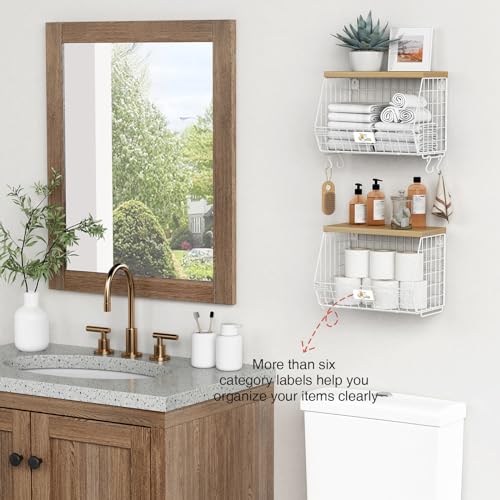 Goozii White Fruit Storage Basket for Kitchen Counter Set of 2, Wall Mount Wire Fruit Basket with Shelf with Banana Hanger, Hanging Countertop Organizer for Bathroom Pantry Cabinet, White + Natural - color: White + Natural Wood