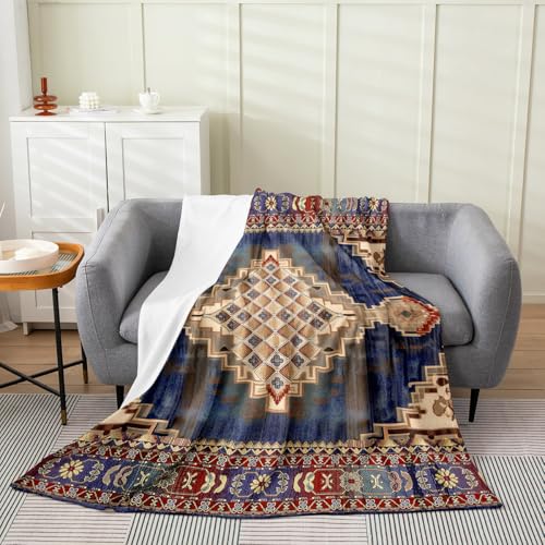 Erosebridal Boho Blanket Queen Inch, Boho Exotic Throw Blanket, Retro Blue Yellow Ombre Red Floral Bohemian Tribal Fleece Blanket, Vintage Antique Lattice Grid Damask Medallion Egyptian Fuzzy Blanket - color: Multi 01, size: Queen