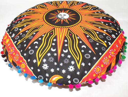 Round Mandala Floor Pillow Cover Seating Cushion Throw Cover Hippie Decorative Bohemian Ottoman Pouf Cover, Pom Pom Pillow Cases,Boho Indian 22 Inches Orange Burning Sun - color: Orange/Black, size: 22" x 22" (Pack of 1)