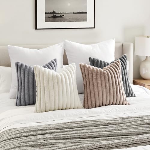 MIULEE Faux Fur Plush Decorative Throw Pillow Covers 20x20 Set of 4, Boho Farmhouse Soft Fuzzy Striped Cushion Covers for Sofa Couch Bed Living Room Vintage Rustic Home Decor,Grey Taupe - color: Grey Taupe, size: 20" x 20" (Pack of 4)
