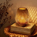 Boho Table Lamp with Double Layer Woven Shade Wood Base, Desk Bedside Small Rattan Lamps, 110V Plug, Dimmable E26 Socket (Bulb Included) for Living Room Night Stands Bedroom