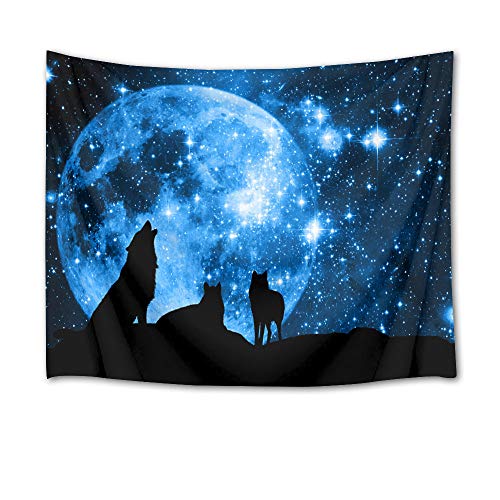 HVEST Wolf Tapestry Wolves on Mountain Wall Hanging Full Moon in Starry Sky Tapestries for Kids Bedroom Living Room Dorm Party Wall Decor,59Wx51H inches - color: Blue, size: 51"L x 59"W