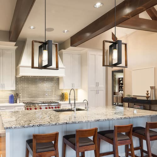 EDISHINE Farmhouse Pendant Light Fixture, Rustic Hanging Light Fixture with Wood Grain and Black Finish, Pendant Lighting for Kitchen Island, Dining Room, Hallway, Adjustable Cord