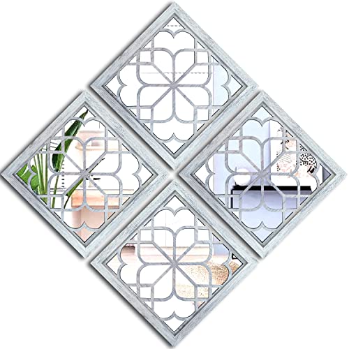 Wocred Set of 4 Mirrors Square Wall Mirror,Gorgeous Rustic Farmhouse Accent Mirror,Rustic White Color Entry Mirror for Bathroom Renovation,Bedrooms,Living Rooms and More(12”x12”4pcs) - color: Rustic White, size: 12x12 inch - 4 PCS