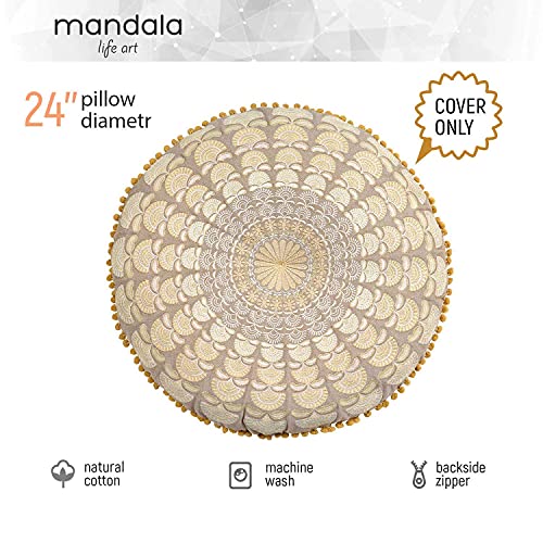 Mandala Life ART Bohemian Floor Cushion Cover –Luxury, Artisan Room Décor Pouf Case for Meditation, Yoga, and Boho Chic Seating Area Floor Pillow – Accent Your Living Room, Bedroom, More - color: Beige Peacock, style: Pillow Cover