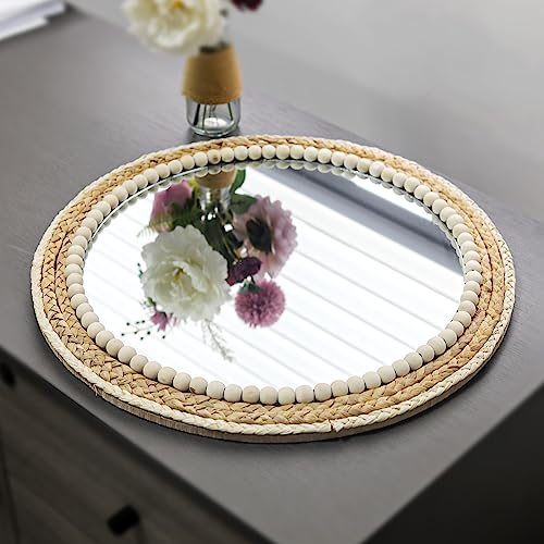 18 Inch Boho Round Hanging Wall Mirror Decorative Rattan Circle Mirrors for Farmhouse, Living Room, Bedroom - color: 18 Inch Wood