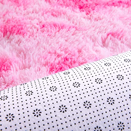 junovo Ultra Soft Washable Shaggy Rug - Non-Slip Oval Carpet for Nursery, Kids Bedroom & Home Decor (2.6x5.3ft Tie-Dye Pink) | Plush Fluffy Floor Mat for Cozy Living Spaces - color: Tie-dye Pink, size: 2.6' x 5.3'