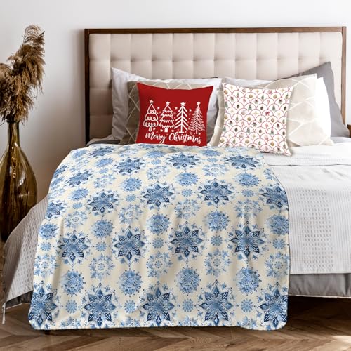 Winter Blue Snowflake Throw Blanket for Couch, Snowflake Christmas Decor, Vintage Blue and White Porcelain Floral Throw Blanket for Bedroom Living Room Home Decoration, 50x60 Inches - color: Color_19