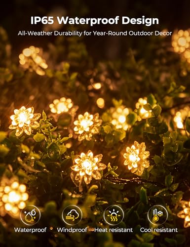 Brightown 50 LED Warm White Solar Flower String Lights Outdoor, IP65 Waterproof Fairy Lights, 8 Modes Solar Christmas Lights Outdoor for Garden Fence Yard Lawn Tree Wedding Party - color: Warm White, size: 1 Pack