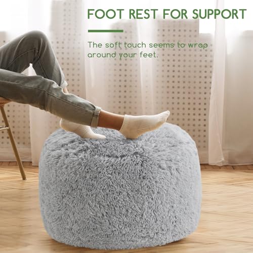 HIGOGOGO Round Stuffed Pouf Ottoman, Long Faux Fur Poufs with Foam Chunk Filling, Fluffy and Furry Pouf Foot Stool Storage Ottoman, 26 X 18 Floor Poufs Foot Rest for Living Room, Light Grey - color: Grey, size: 26INCH
