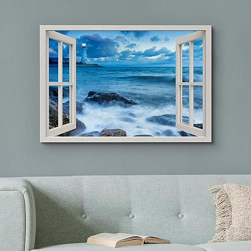 wall26 Canvas Print Wall Art Window View Navy Blue Ocean Waves Nautical Coastal Decor Nature Wilderness Photography Digital Art Realism Decorative Rustic Landscape Colorful for Bedroom - 12"x18" - color: A34-2307-slm05, size: 18"L x 12"W