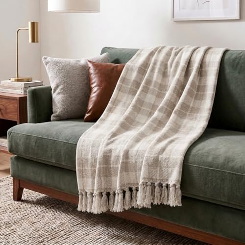Americanflat 50x60 Throw Blanket - Soft and Breathable Cotton Throw Blanket for Couch, Bed, Chair - Decorative Blankets Perfect for Home, Office, or Outdoor Use - Cream and Beige Plaid Design - color: Cream Beige Plaid