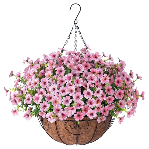 HyeFlora Artificial Fake Hanging Plants Flowers with Basket Outdoor Spring Decor, Faux Silk Pink Daisy in Pot Planter Realistic UV Resistant for Porch Home Indoor Patio Balcony Garden Yard - color: Pink