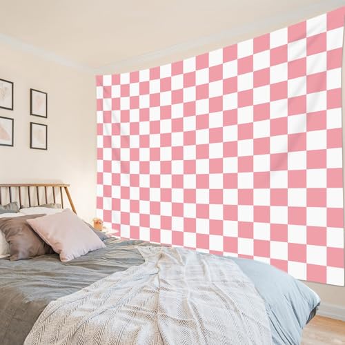 HVEST Pink Tapestry Pink Checkered Pattern Wall Tapestry for Bedroom Living Room Checkered Backdrop Birthday Party Backdrop Decor, 70.9L x 92.5W Inches - color: Pink, size: 70.9"L x 92.5"W