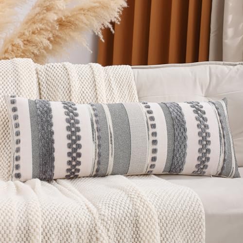 14x36 Pillow Cover Boho Lumbar Throw Pillow Cover Long Body Decorative Pillow Case Accent Chenille Striped Pillowcase Farmhouse Cushion Case for Home Decor Gray (1 Piece) - color: Gray Stripe, size: 36" x 14" (Pack of 1)