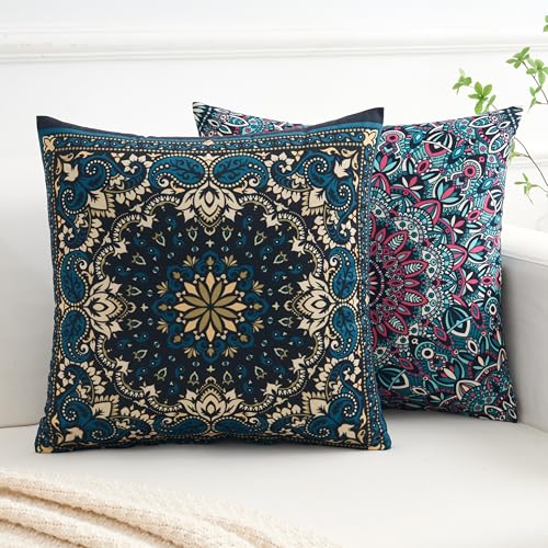 Boho Throw Pillow Covers 18X18 Inch Set of 4 Bohemian Soft Velvet Couch Pillow Cases Farmhouse Decorative Pillow Covers for Sofa Living Room Bedroom Outdoor Patio Porch - color: Bohemian Medley, size: 18" x 18" (Pack of 4)