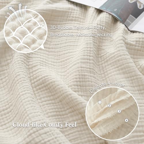 David's Home 100% Cotton Muslin Throw Blanket for College Dorm, 4-Layer Soft Breathable Lightweight Comfy Cozy Throw Guaze for Hot Sleepers, 3D Bubble Room Decor for Bed, Giftable, Brich, 50"x70" - color: Birch, size: Throw XL(50x70")