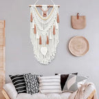 MEIZHIANDME Macrame Wall Hanging, Boho Woven Tapestry Wall Decor, Chic Bohemian Handmade Leaf Feather Wall Art Decorations for Bedroom Living Room Apartment Wedding Party (Leaf & Wood Bead)