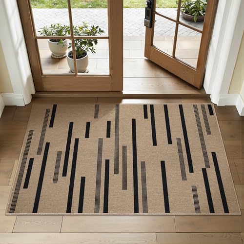 Tangsoo Stripe Easy Jute Rug,Ultra Thin 2x3 Outdoor Rug for Entryway,Non-Slip Washable Small Rug Modern Front Door Mat Non Shedding Throw Carpet for Kitchen Bedroom Porch Doorway - color: Black Stripe-2, size: 2x3ft