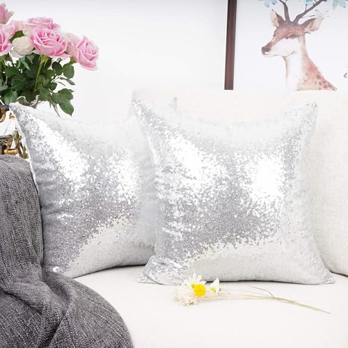 ShinyBeauty Sequin Silver Lumbar Pillow Cover 12x12 Inch - Glitter Sparkly Decorative Throw Pillow Cover for Sofa, Bed, Chair - Glitter Small Cushion Pillow Cases for Home Decor - color: Silver, size: 12" x 12" (Pack of 1)