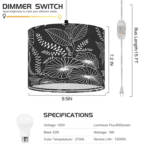 CINSARY Plug in Pendant Light, Hanging Light with Plug in Cord with Dimmable Switch, Hanging Lamp with 15 ft Clear Cord, Black Pendant Light Fixture for Bedroom Kitchen Living Room (Bulb Included) - color: Black flower