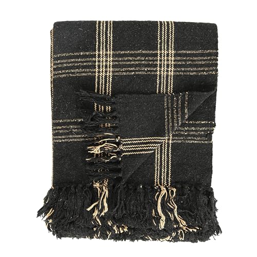 Plaid Black & Tan Fringed Woven Cotton Blend Throw - color: Black, size: One Size